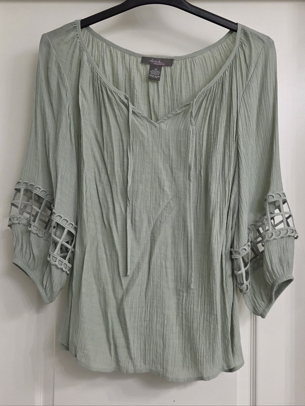 💥2 for $25 - Light Sage Green Boho Tie-Neck Tunic with Ladder Sleeve Detail
